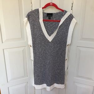 Cynthia Rowley Blue & White Striped Long Hooded Poncho-Style Sweater